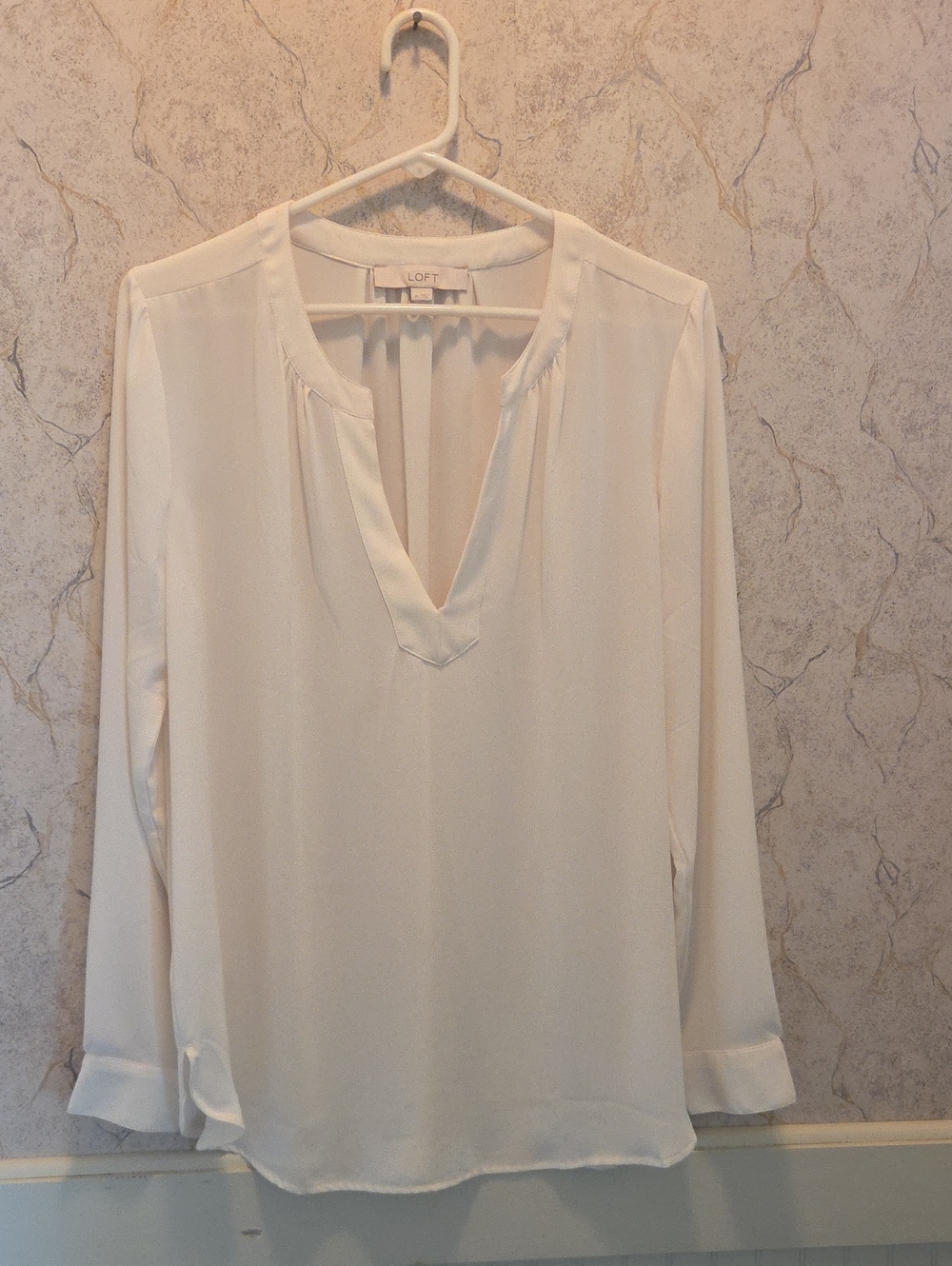 LOFT Cream Long-Sleeve Split V-Neck Blouse